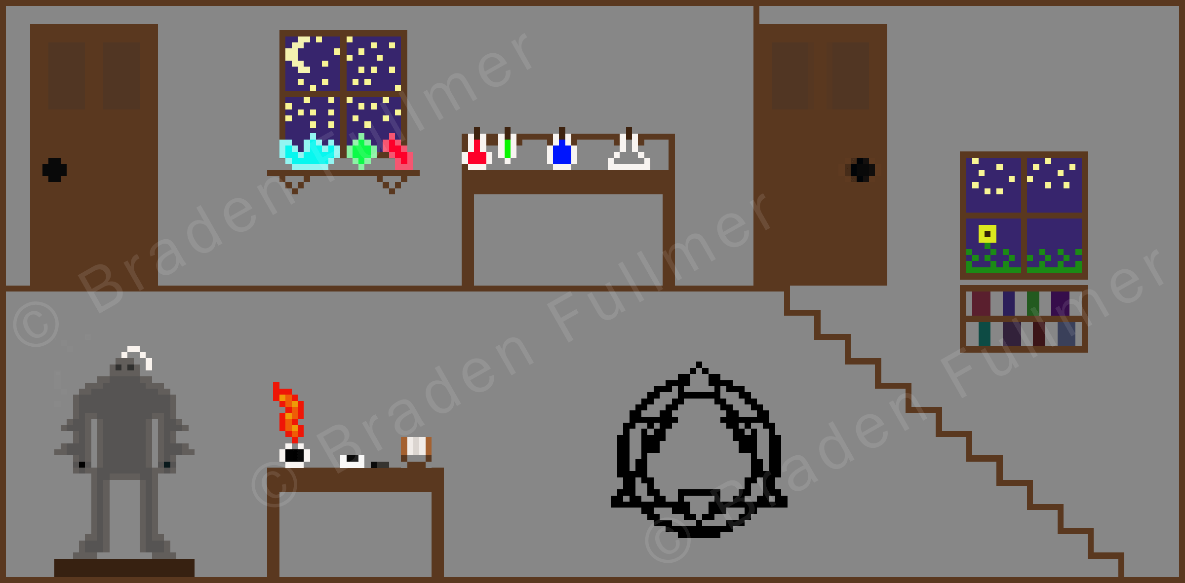 Pixel art of an alchemists' basement.